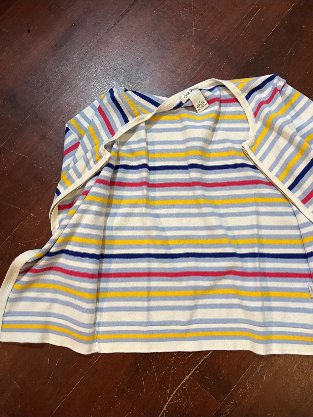 🌻3/$15🌻 Orvis Cream Knit Zip Cardigan with Blue, Yellow & Red Stripes - Picture 4 of 8